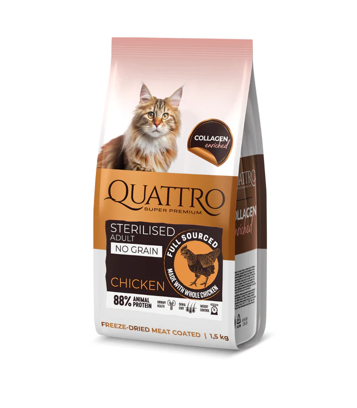 QUATTRO Collagen steriliseeritud kassidele kanaga 1,5kg